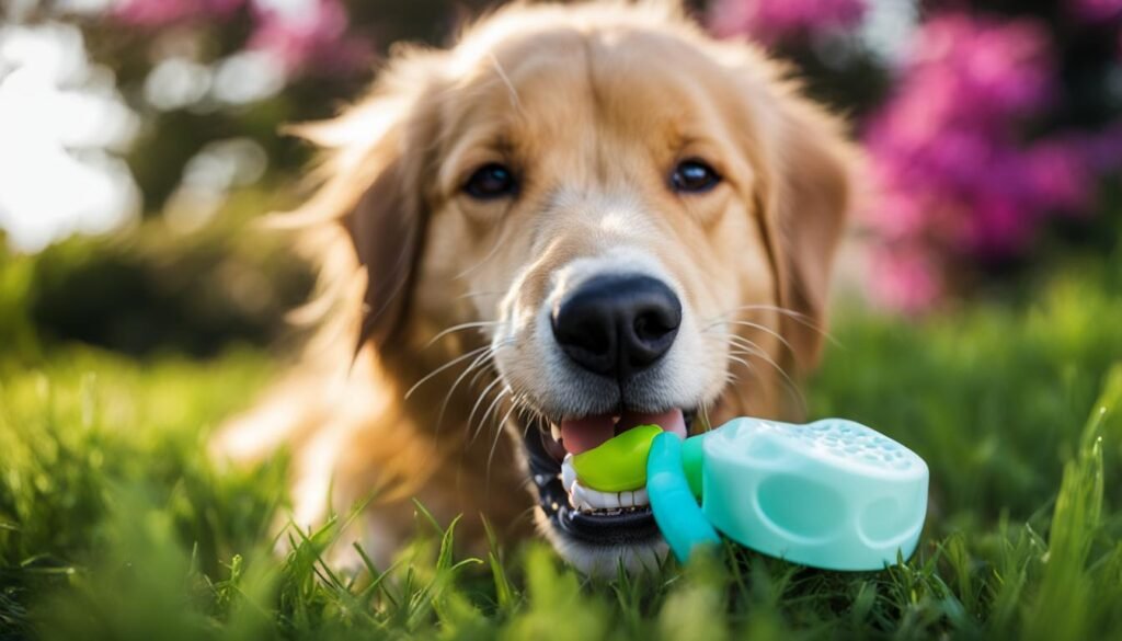 imagen de perro jugando con juguete dental